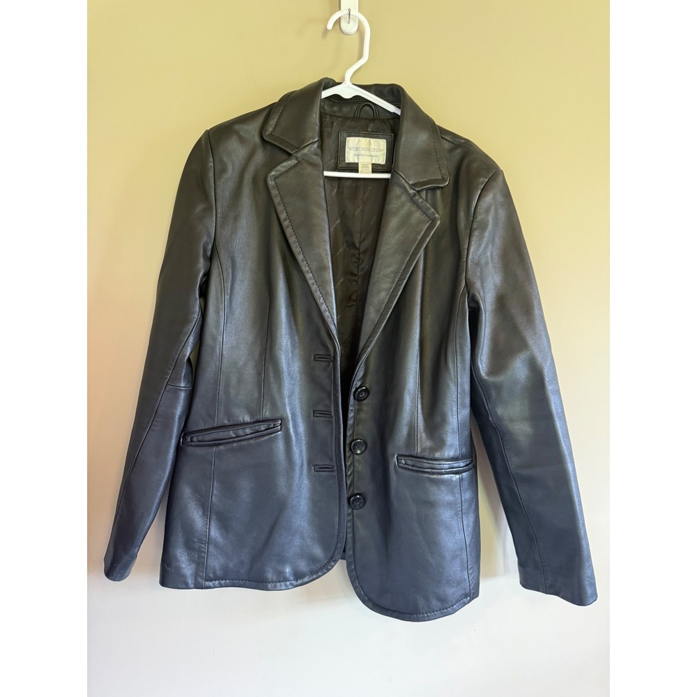 Worthington Black Genuine Lambskin Leather Blazer‎ Jacket Womens Medium 3 Button